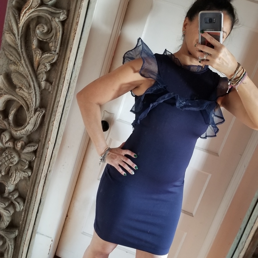 Navy blue dress with organza trim